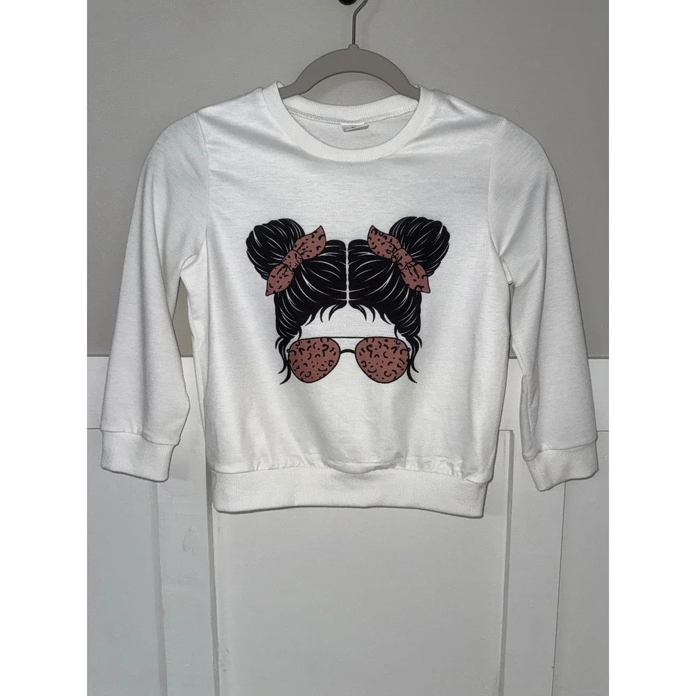Girls White Space Buns Leopard Sunglasses Graphic Sweatshirt Pullover Size 7Y